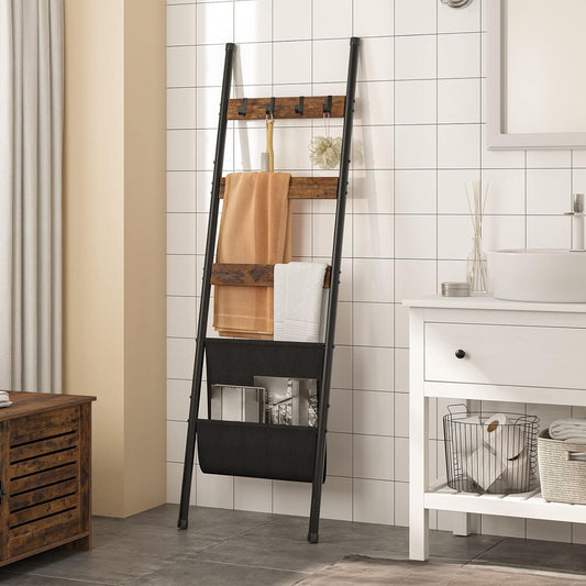 Decorative 5-Tier Blanket Ladder with Hooks and Magazine Pocket