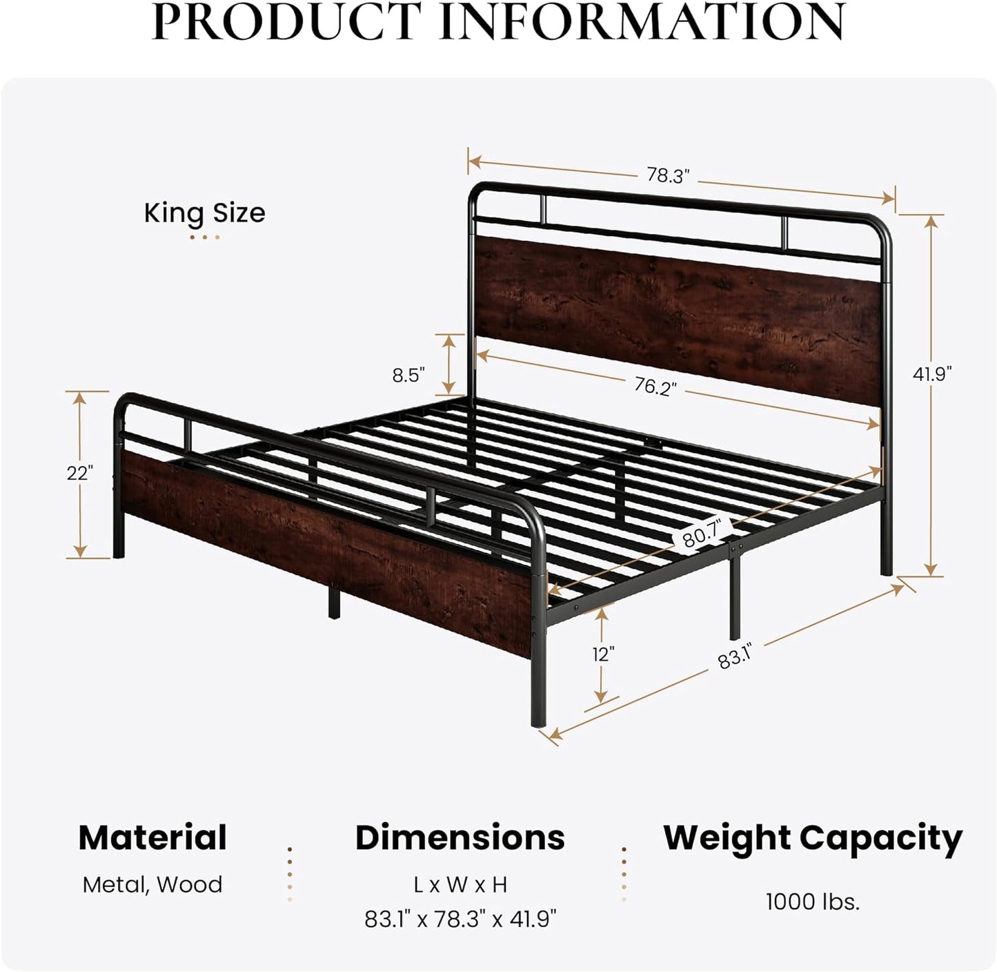 King Size Platform Bed Frame with Wooden Headboard and Footboard