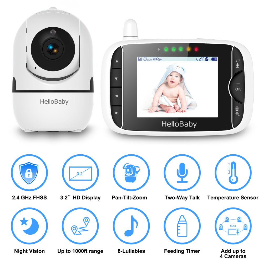 3.2 Inch Video Baby Monitor with Remote Pan-Tilt-Zoom Camera, Night Vision, 2-Way Talk, Temperature Sensor