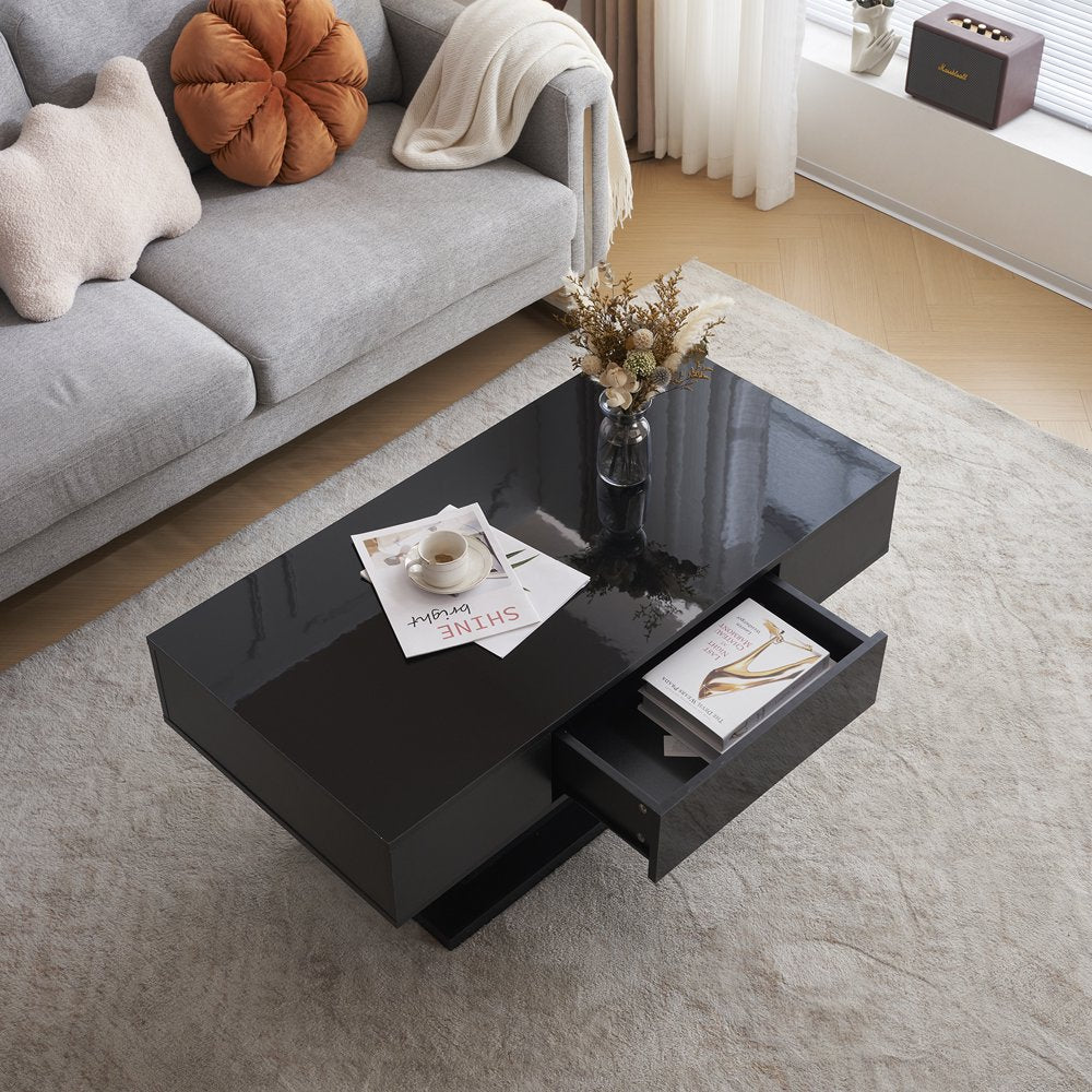 LED Coffee Table with 1 Drawers, High Gloss Cocktail Table Accent Furniture for Living Room 43.3" Black