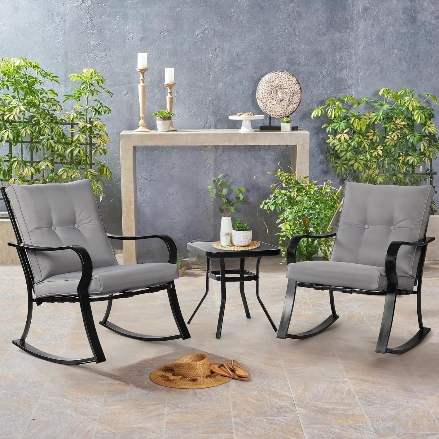 Outdoor Rocking Chairs Bistro Set with Cushions and Glass-Top Table