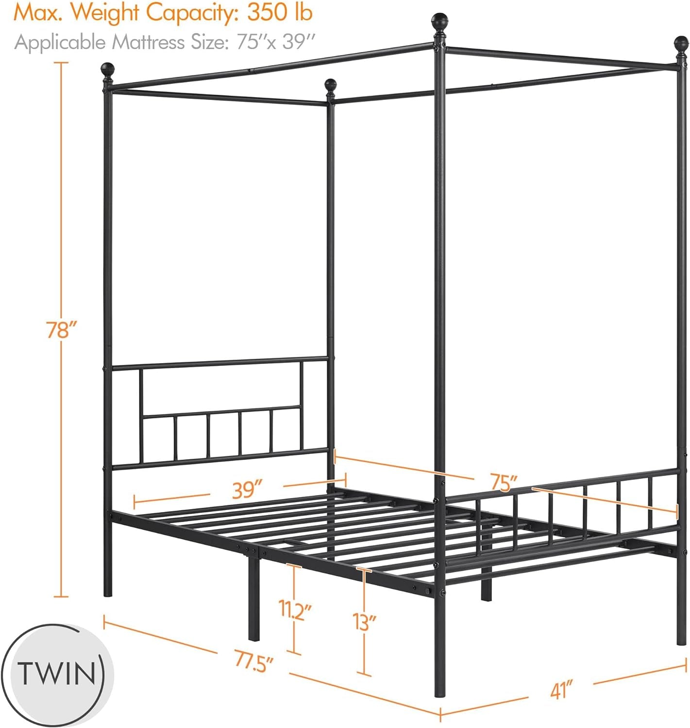 Canopy Bed Frame with Headboard and Footboard - Sturdy Slatted Structure