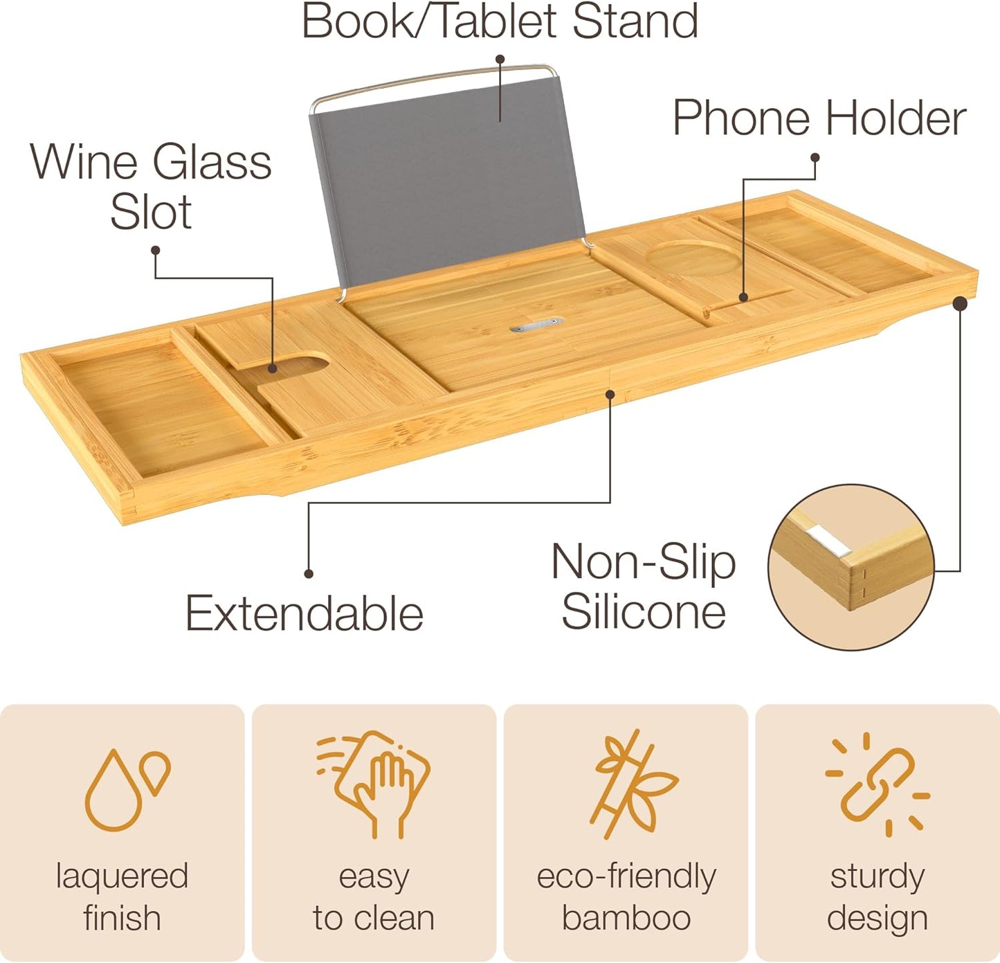 Bamboo Spa Caddy with Extendable Sides