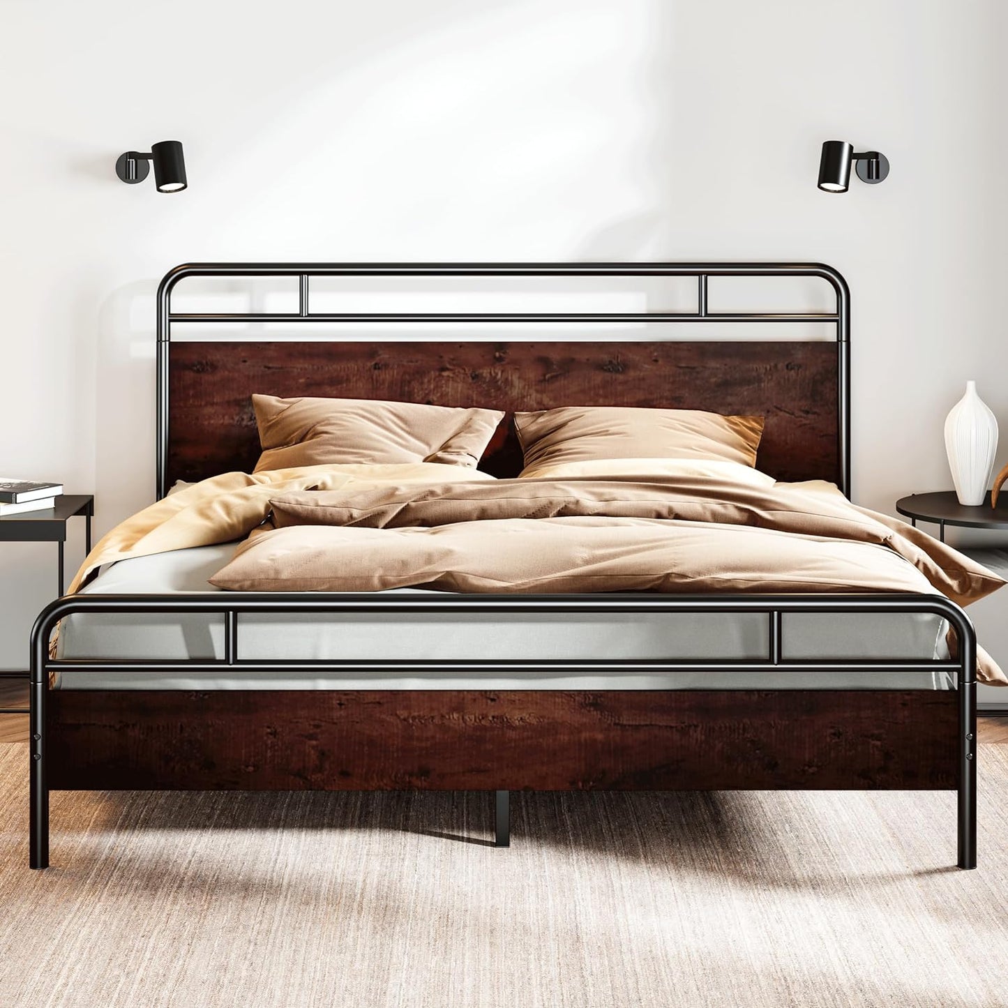 King Size Platform Bed Frame with Wooden Headboard and Footboard