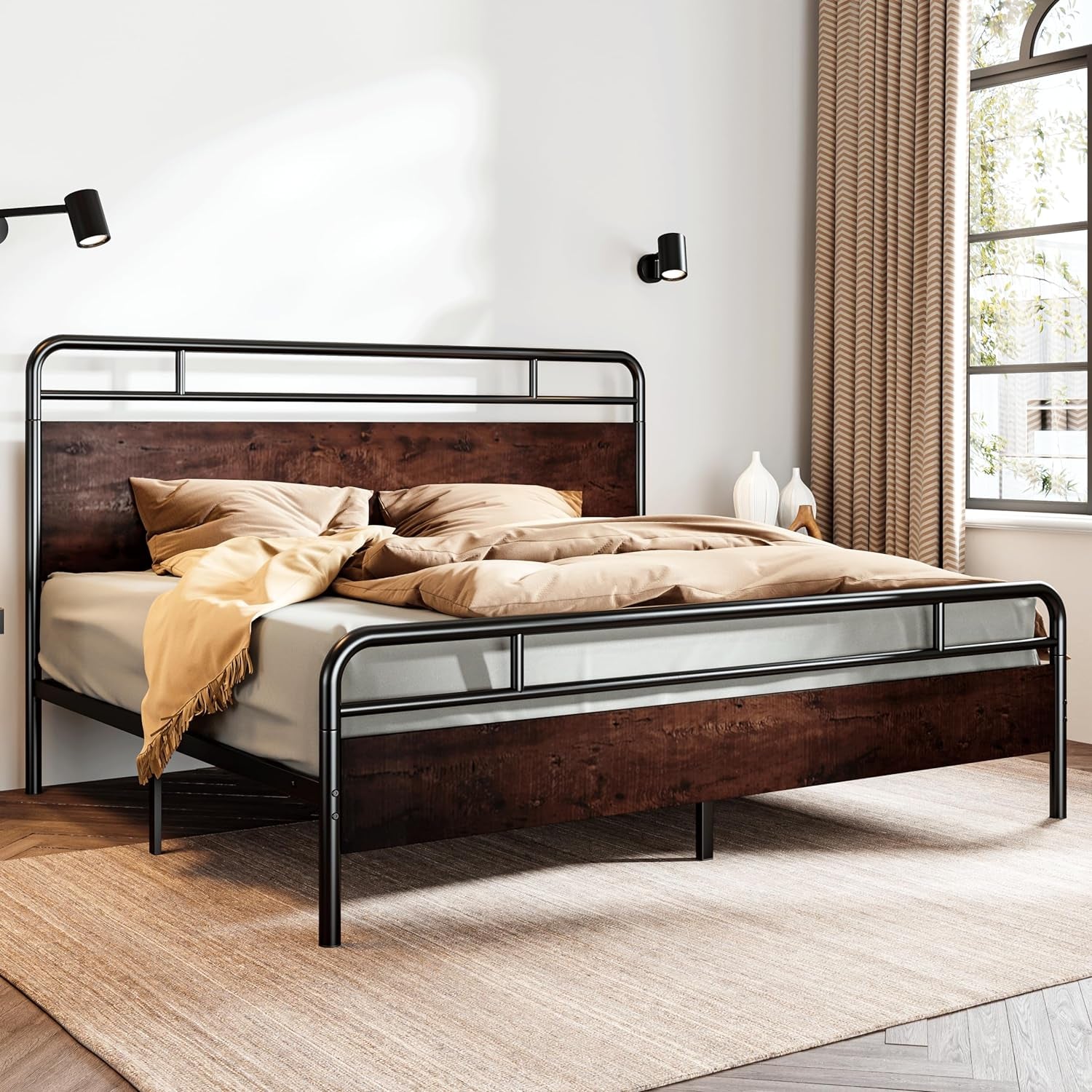 King Size Platform Bed Frame with Wooden Headboard and Footboard