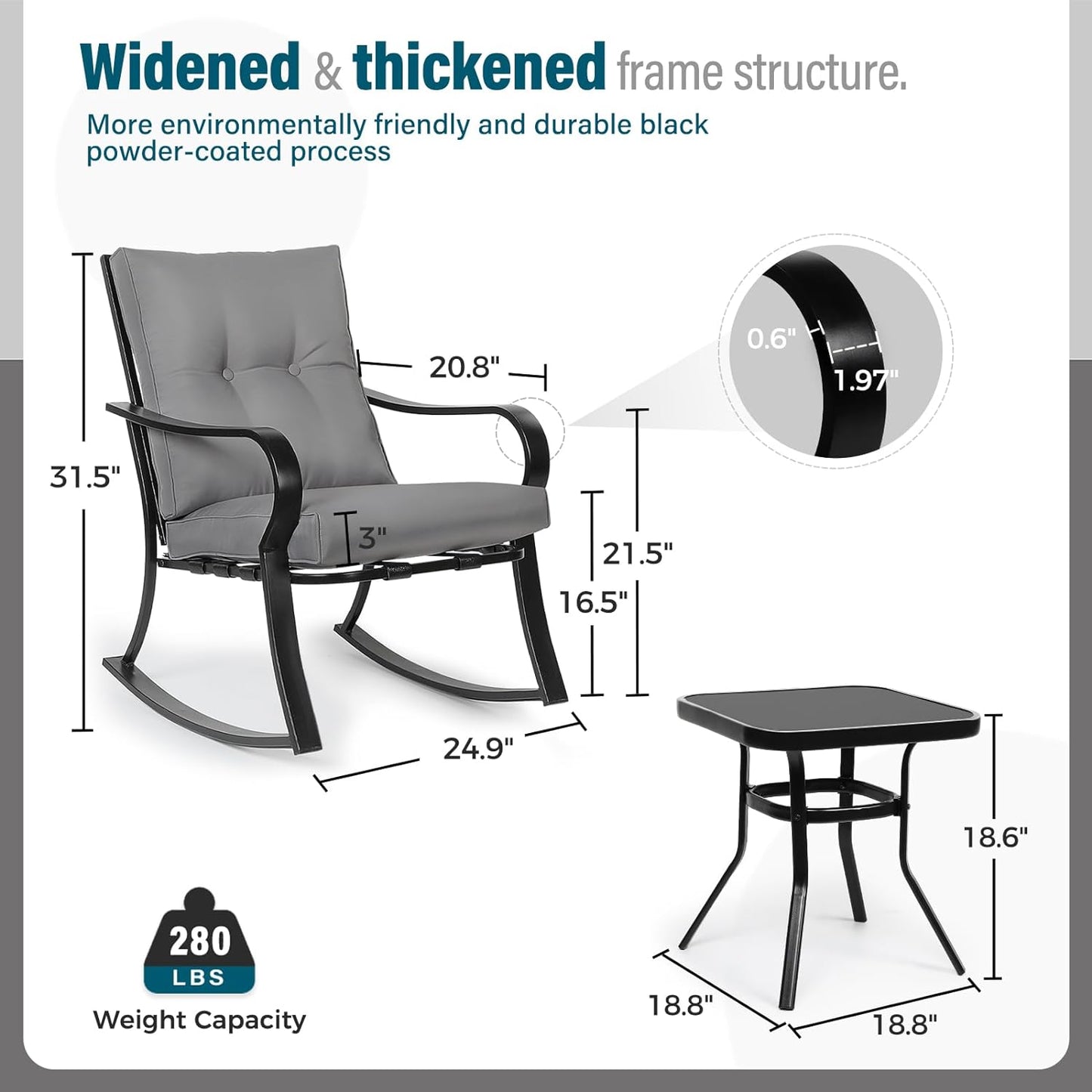 Outdoor Rocking Chairs Bistro Set with Cushions and Glass-Top Table