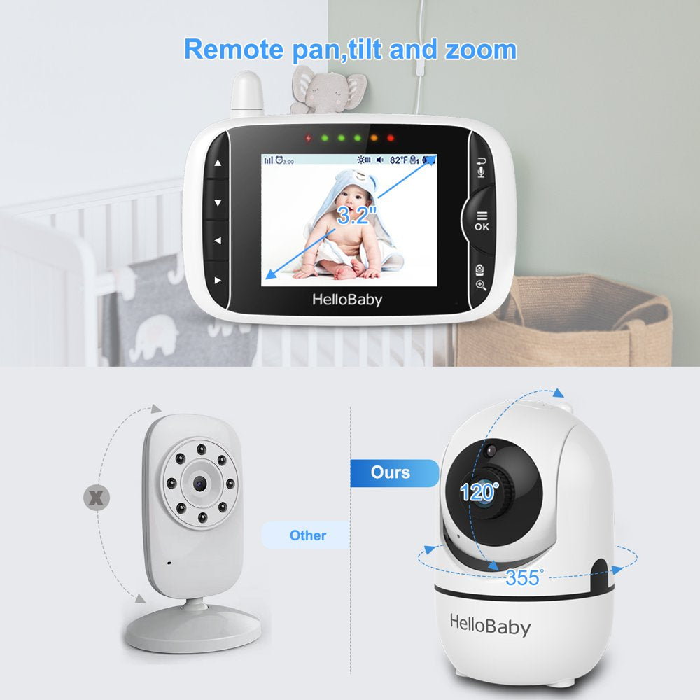 3.2 Inch Video Baby Monitor with Remote Pan-Tilt-Zoom Camera, Night Vision, 2-Way Talk, Temperature Sensor