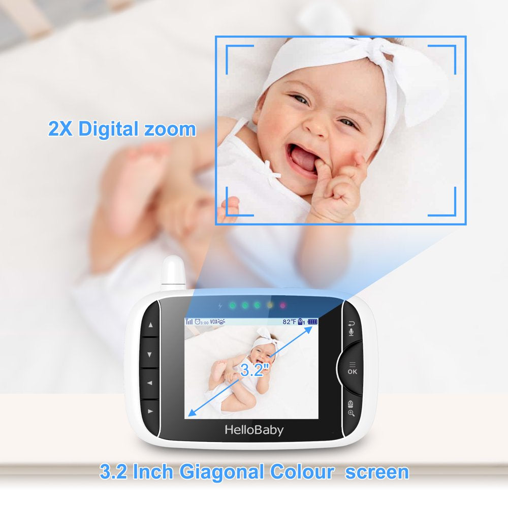 3.2 Inch Video Baby Monitor with Remote Pan-Tilt-Zoom Camera, Night Vision, 2-Way Talk, Temperature Sensor