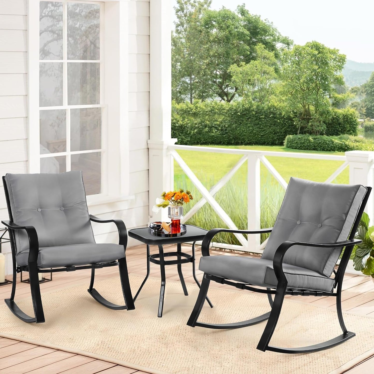 Outdoor Rocking Chairs Bistro Set with Cushions and Glass-Top Table