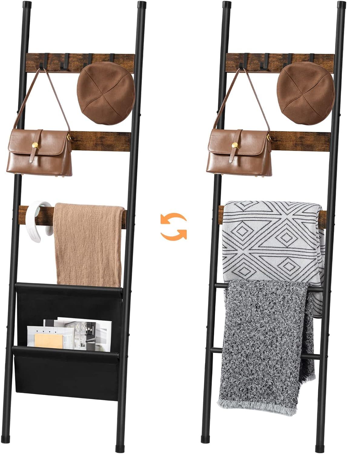 Decorative 5-Tier Blanket Ladder with Hooks and Magazine Pocket