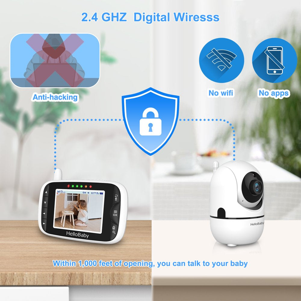 3.2 Inch Video Baby Monitor with Remote Pan-Tilt-Zoom Camera, Night Vision, 2-Way Talk, Temperature Sensor