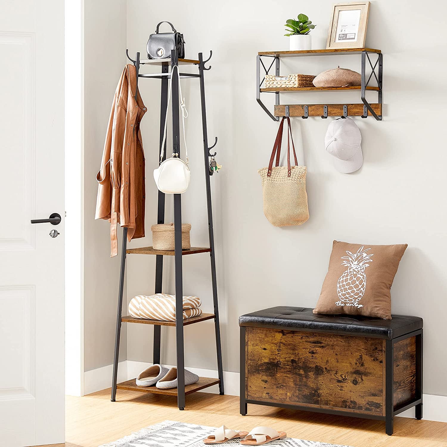 ALINRU Industrial Coat Rack with Shelves and Hooks