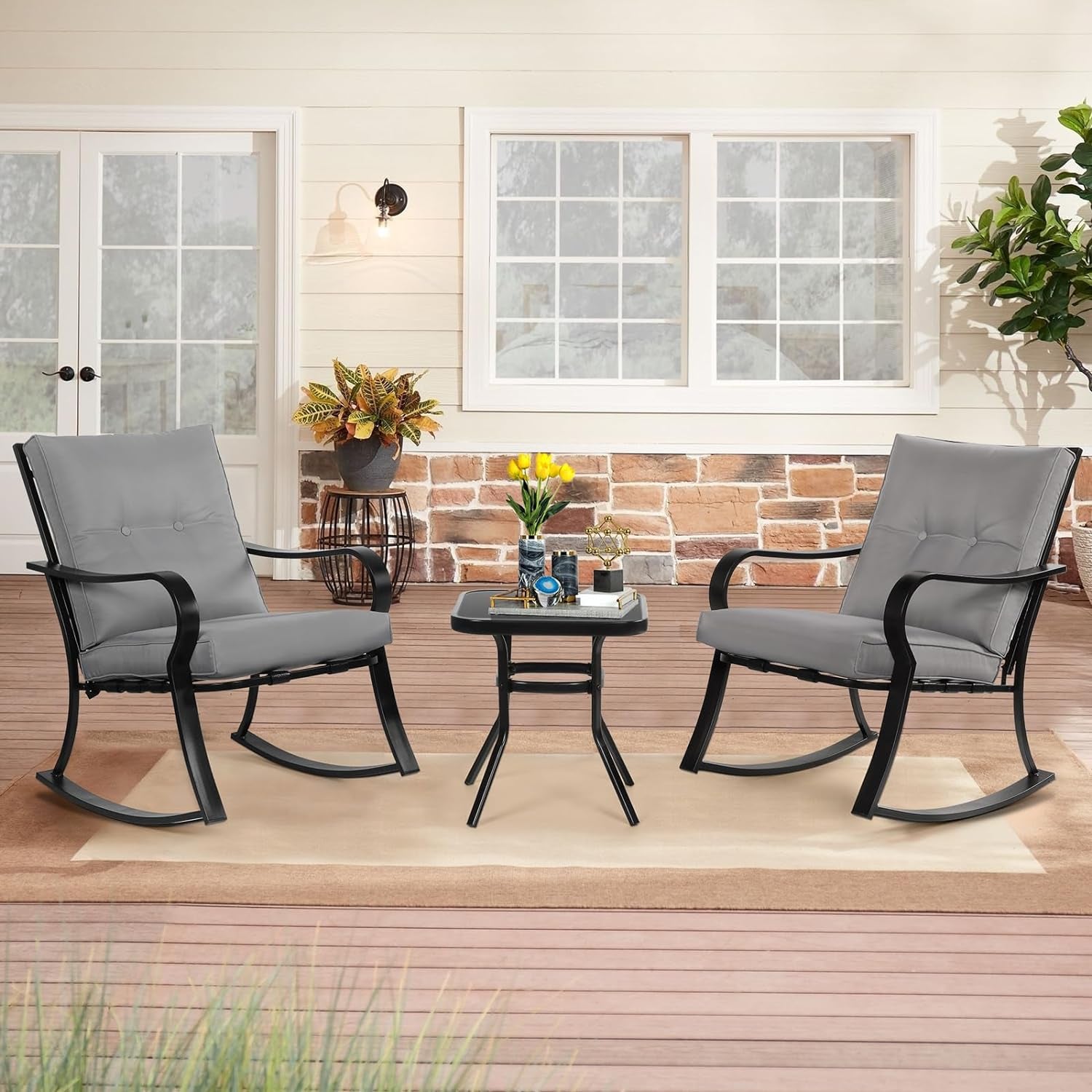 Outdoor Rocking Chairs Bistro Set with Cushions and Glass-Top Table